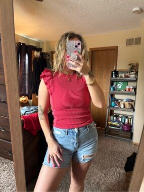 Sleeveless Ribbed Ruffle Shoulder Top - Red Moa moa brand